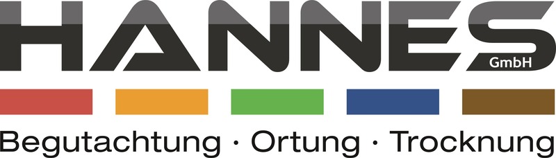 Logo der Hannes GmbH mit fünf farbigen Balken und dem Zusatz Begutachtung, Ortung, Trocknung
